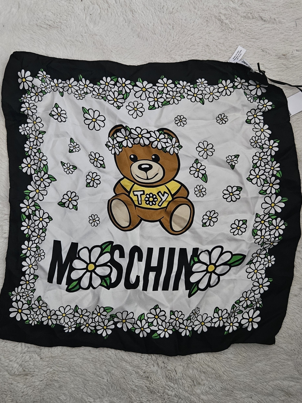 Moschino Black White Teddy Bear Daisy Print Scarf with Green Accents